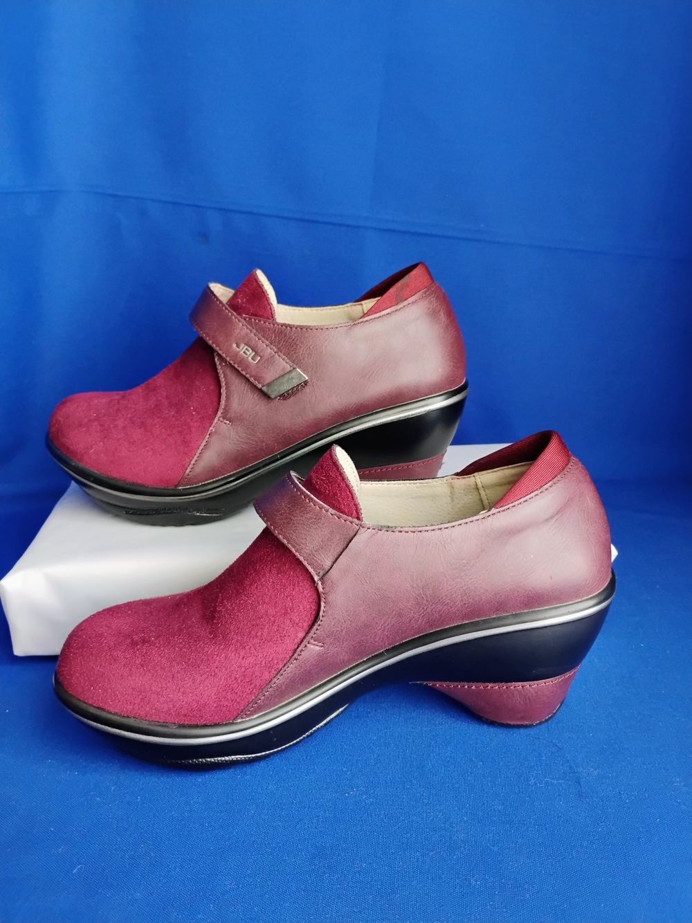 JBU Women's Burgundy Suede & Leather Wedge Heels